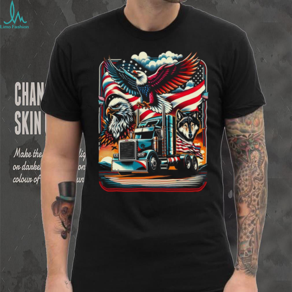 American Trucker Pride Eagle Wolf and Semi Truck US Flag Graphic Tee