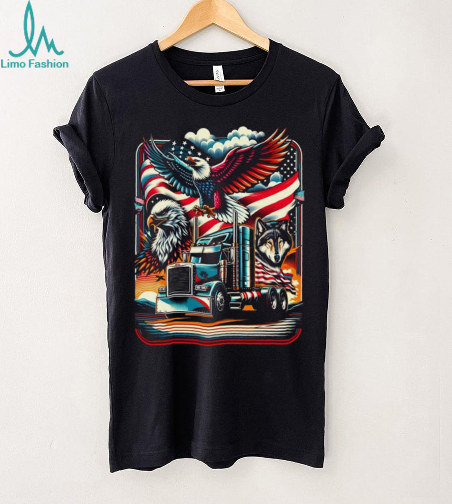 American Trucker Pride Eagle Wolf and Semi Truck US Flag Graphic Tee