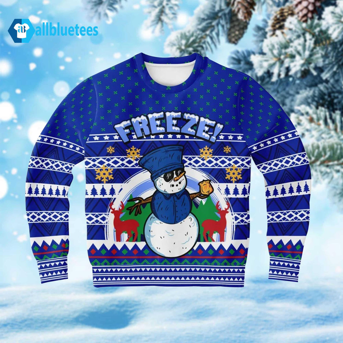 Blue Police Freeze Snow Funny Tacky Winter Ugly Christmas Sweater