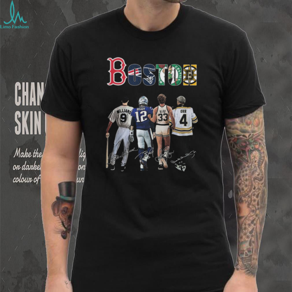 Boston Sports Legends Signatures T Shirt Williams, Brady, Bird, Orr