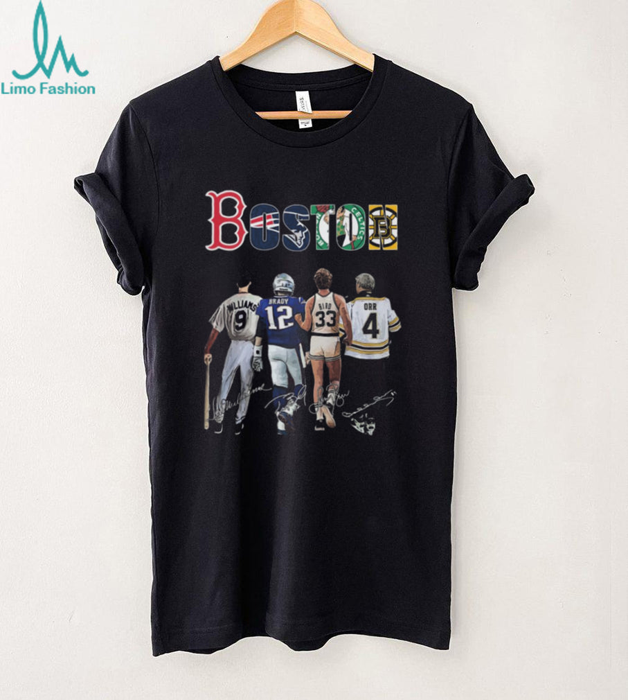 Boston Sports Legends Signatures T Shirt Williams, Brady, Bird, Orr