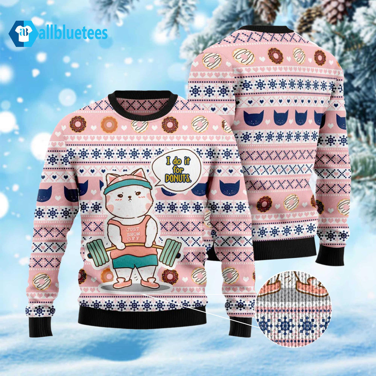 Cat I Do It For Donuts Ugly Christmas Sweater