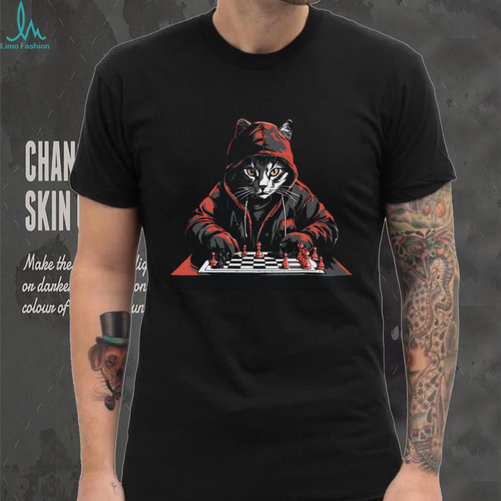 Cat Wearing Hoodie Playing Chess Strategic Board Game Tee