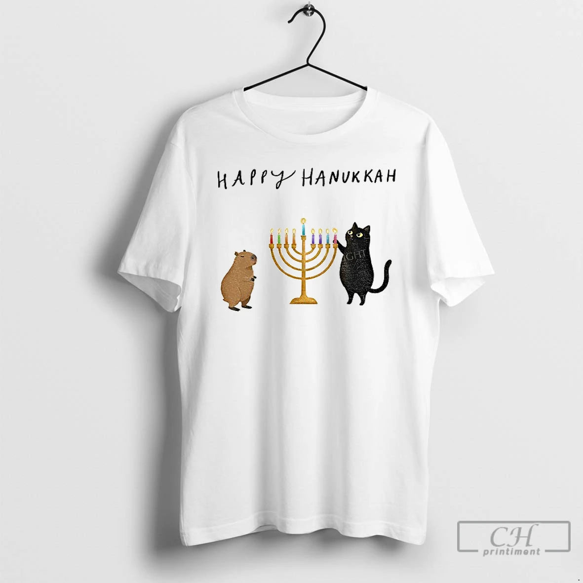 Classic Capybara And Black Cat Light Hanukkah Candles Happy Chrismukkah Christmas T Shirts Hoodie, Sweatshirt