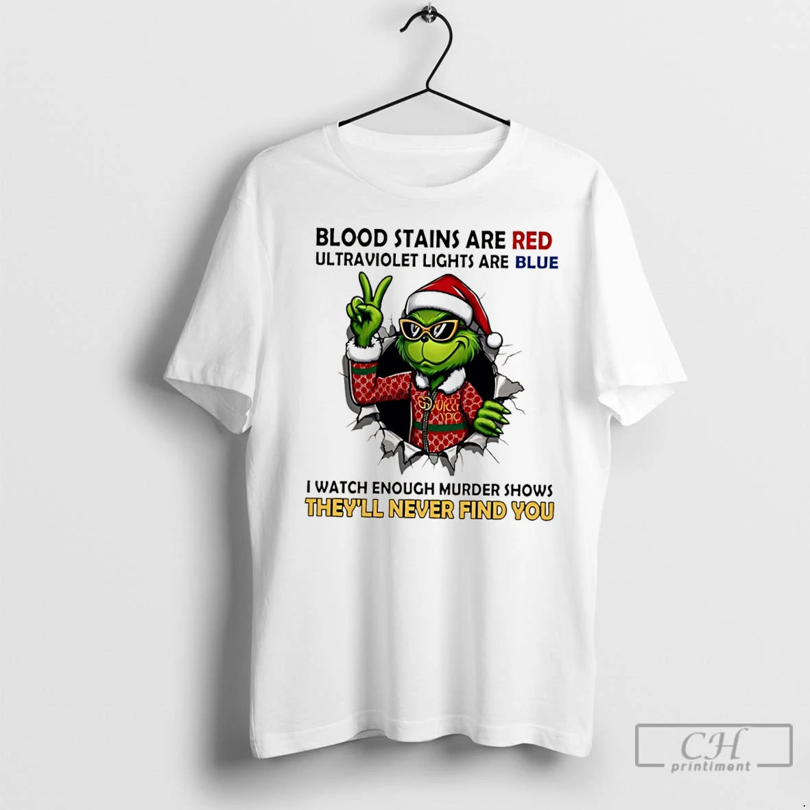 Classic Grinch Christmas Blood Stains Are Red Ultraviolet Lights Are Blue I Watch Enough Murder T-Shirts, Hoodie, Sweatshirt