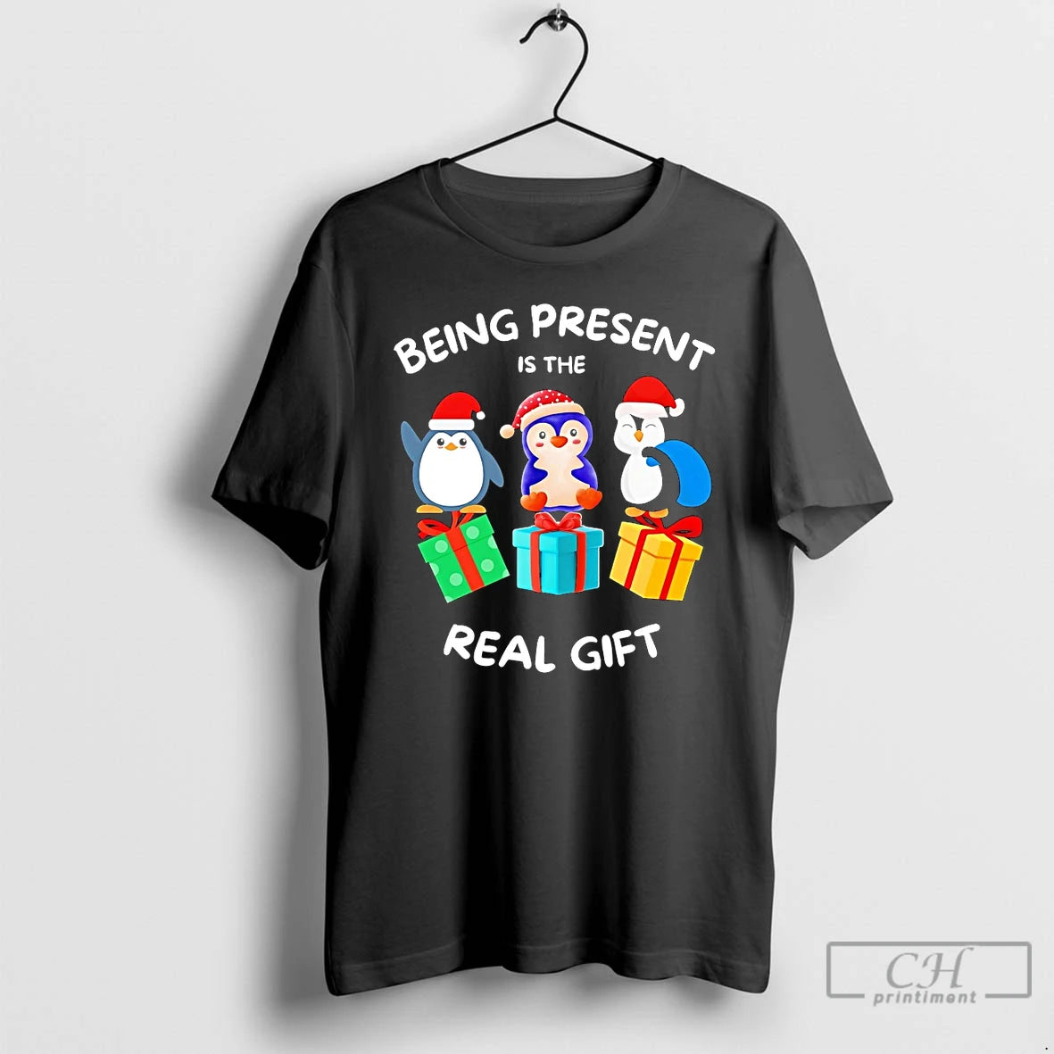 Classic Penguin Being Present Is The Real Gift Christmas T Shirts Hoodie, Sweatshirt | InkNestWear.com