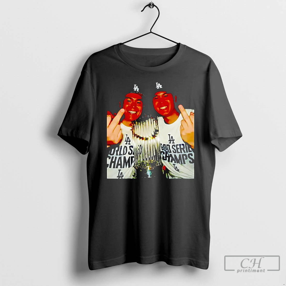Classic Shohei Ohtani And Yoshinobu Yamamoto Middle Finger Trophy Dodgers Champions T Shirts Hoodie, Sweatshirt
