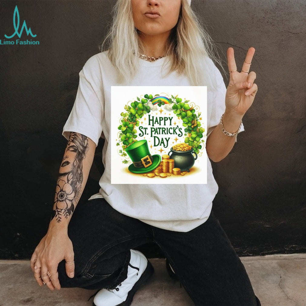 Classic St. Patrick’s Day Wreath with Pot of Gold and Rainbow T Shirt