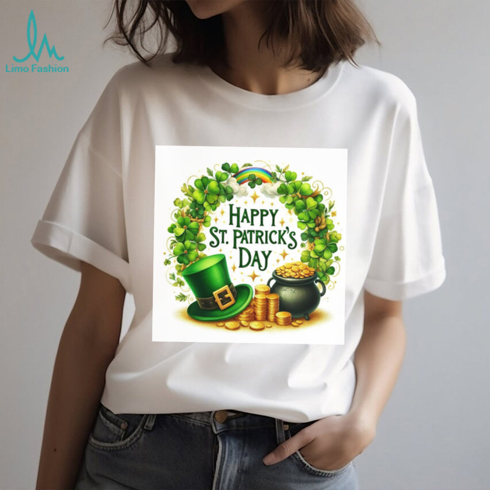 Classic St. Patrick’s Day Wreath with Pot of Gold and Rainbow T Shirt