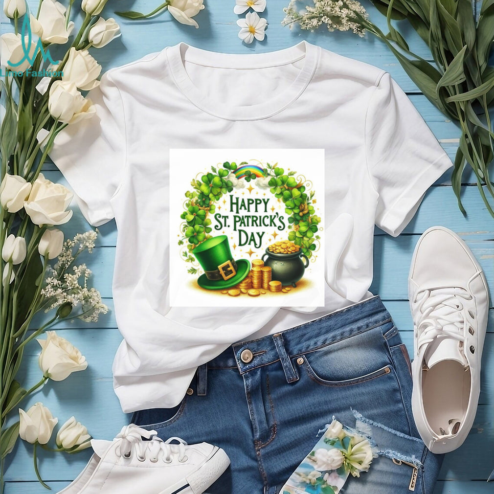 Classic St. Patrick’s Day Wreath with Pot of Gold and Rainbow T Shirt