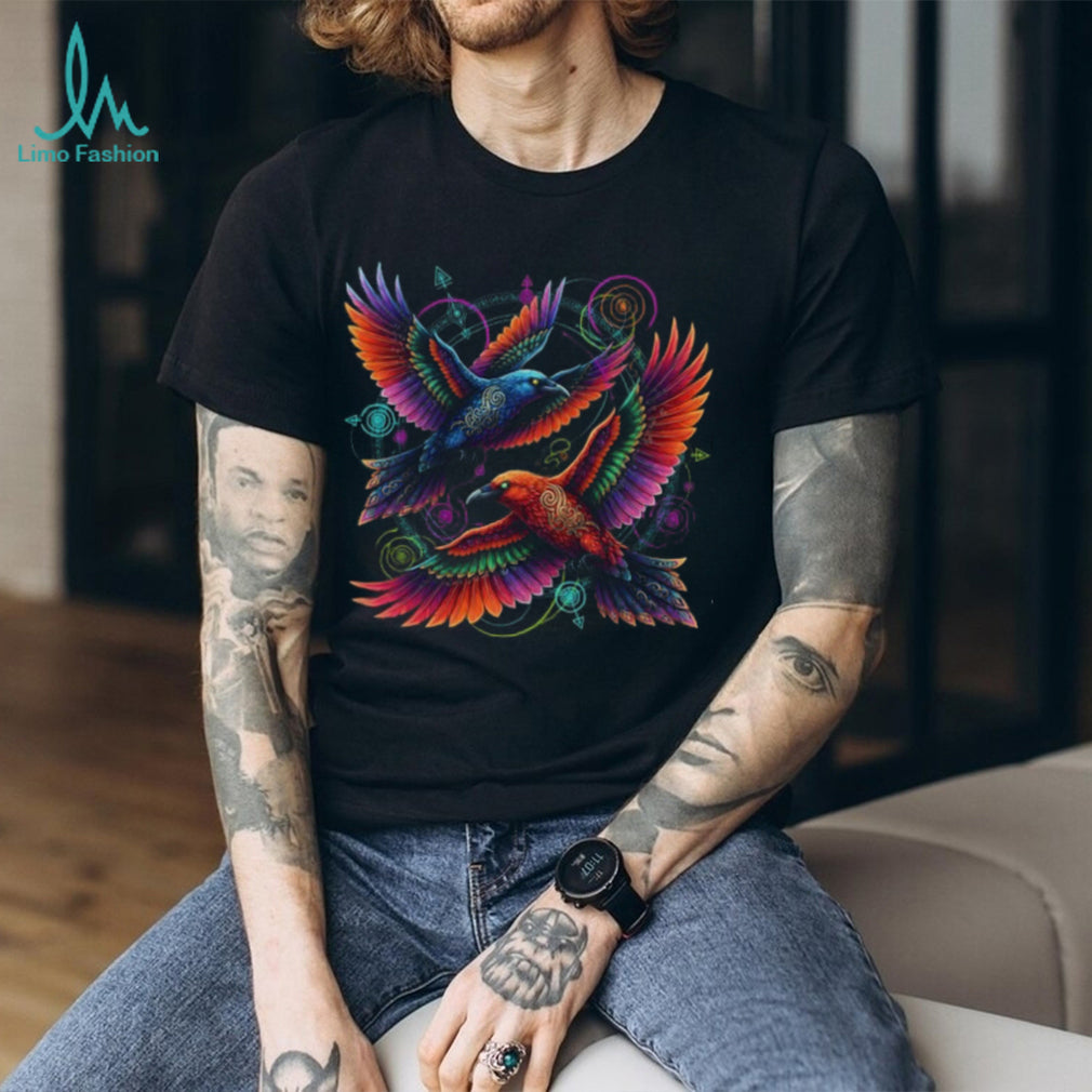 Colorful Psychedelic Flying Crows Celestial Geometric T Shirt