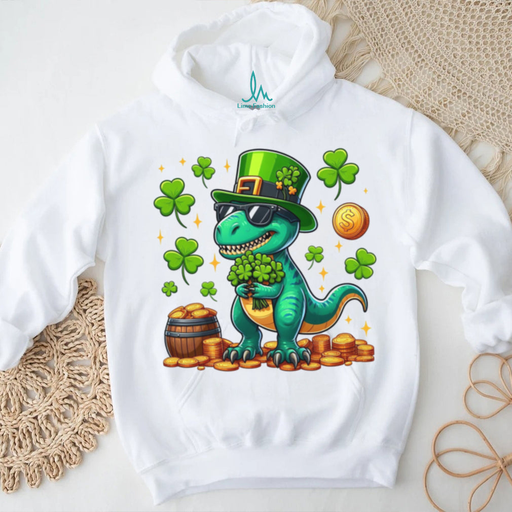 Cool St. Patrick’s Day T Rex Dinosaur with Sunglasses & Pot of Gold T Shirt