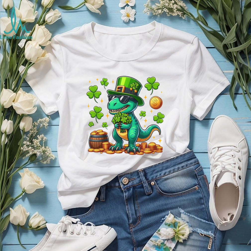 Cool St. Patrick’s Day T Rex Dinosaur with Sunglasses & Pot of Gold T Shirt