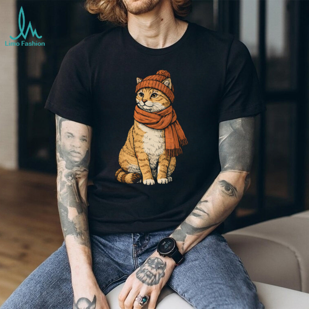 Cozy Autumn Orange Cat with Beanie and Scarf T Shirt