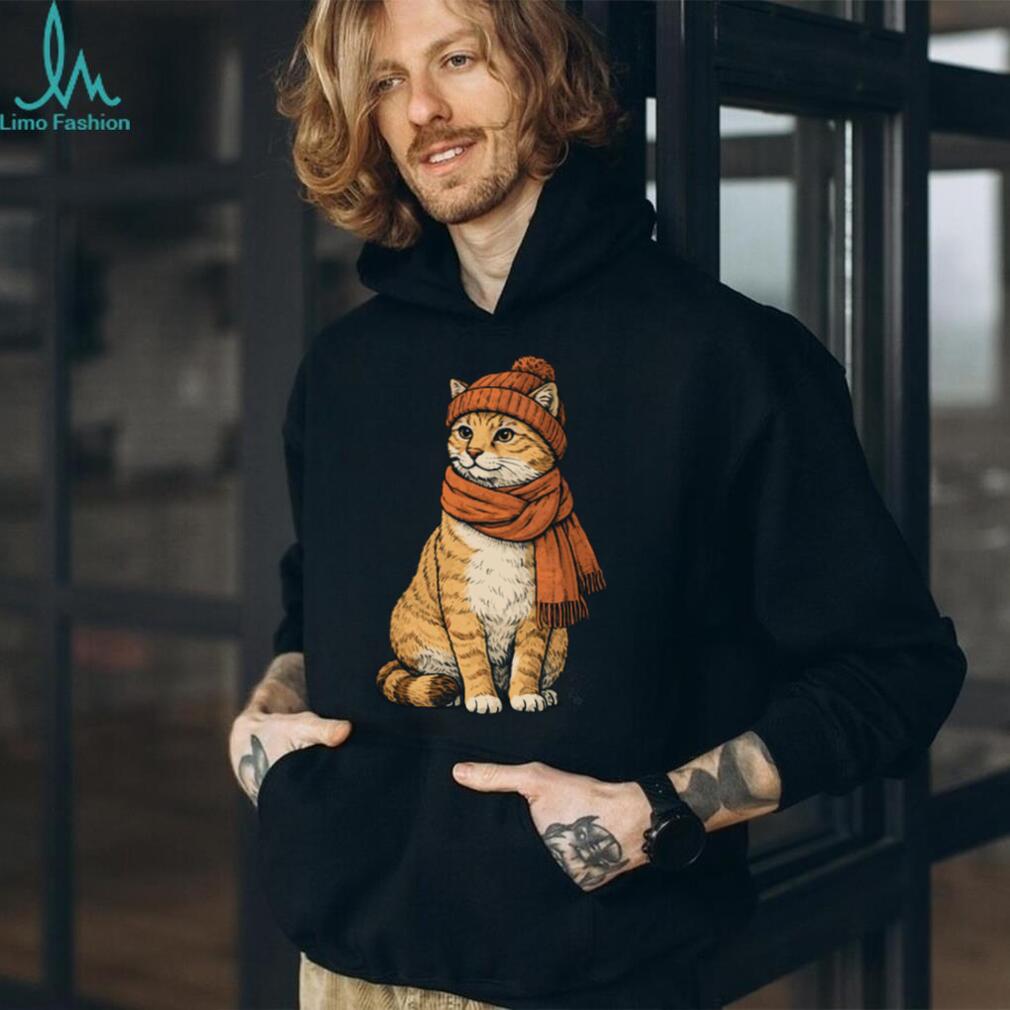 Cozy Autumn Orange Cat with Beanie and Scarf T Shirt