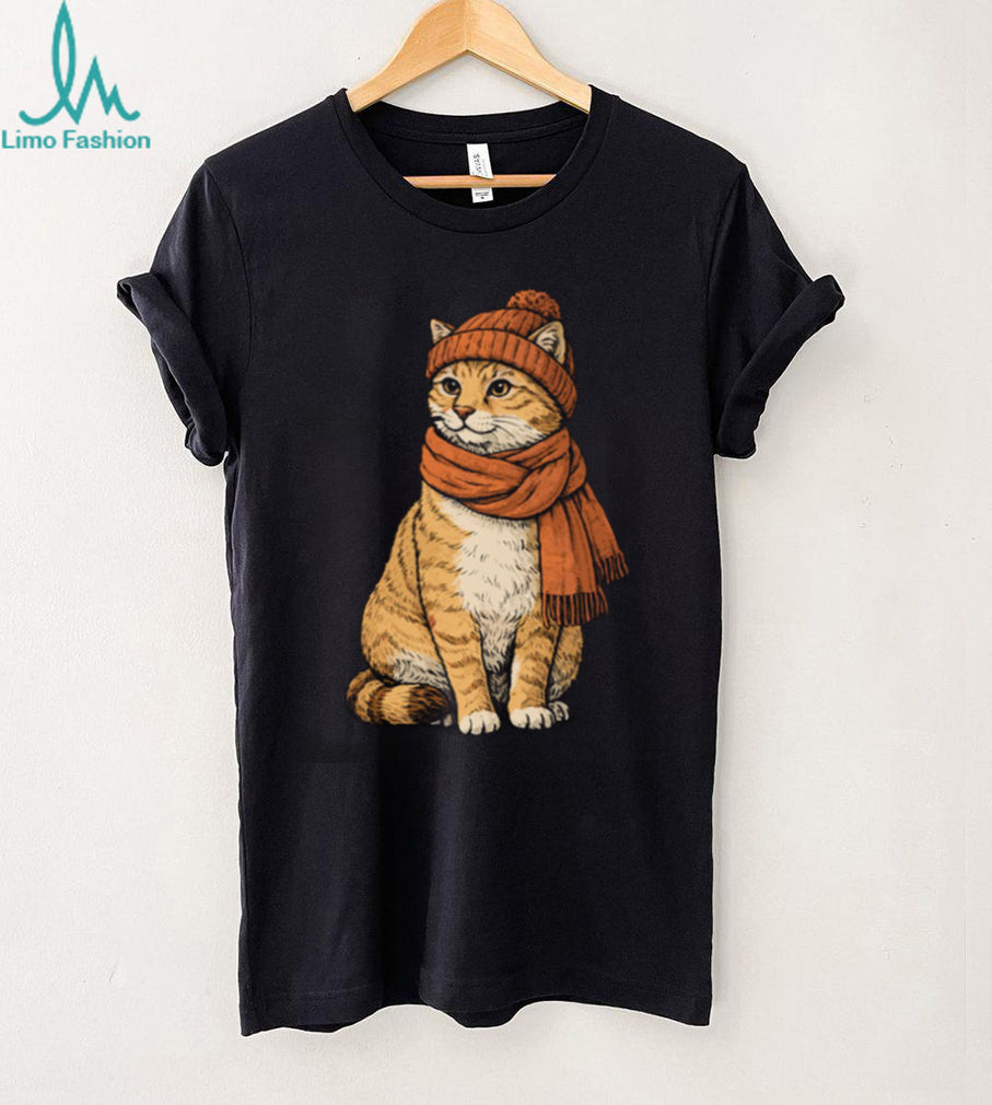 Cozy Autumn Orange Cat with Beanie and Scarf T Shirt