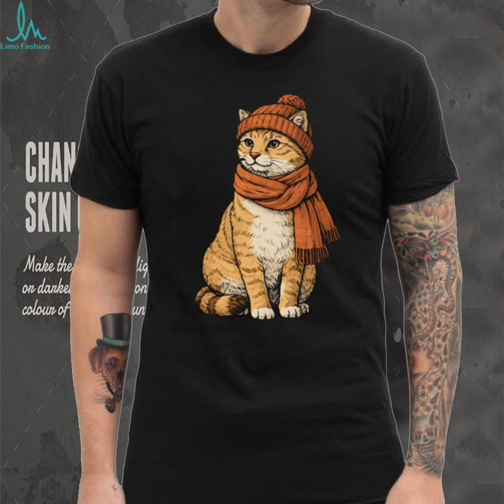Cozy Autumn Orange Cat with Beanie and Scarf T Shirt