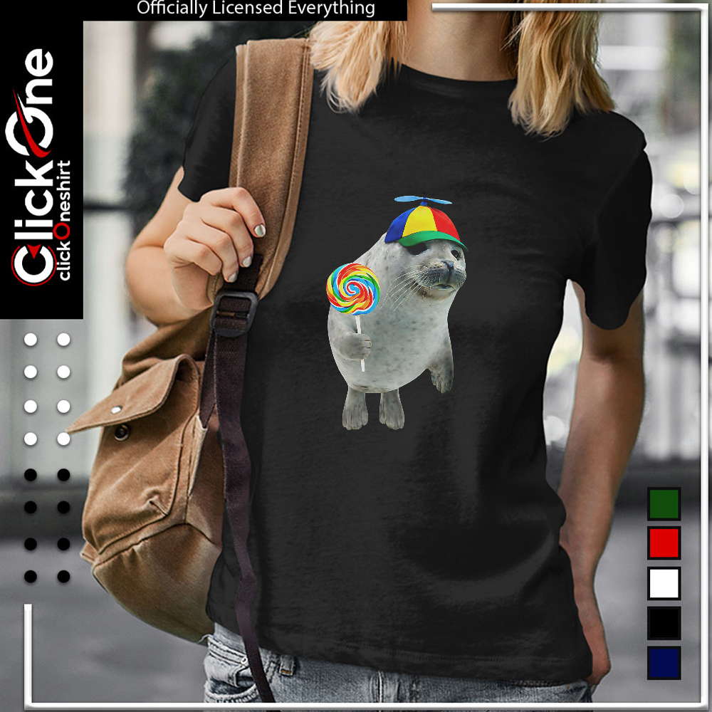 Cute Baby Seal with a Rainbow Lollipop and a Propeller Beanie shirt