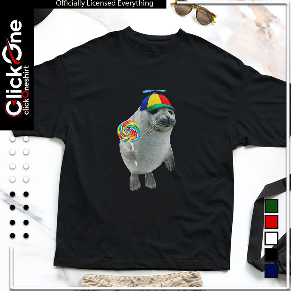 Cute Baby Seal with a Rainbow Lollipop and a Propeller Beanie shirt