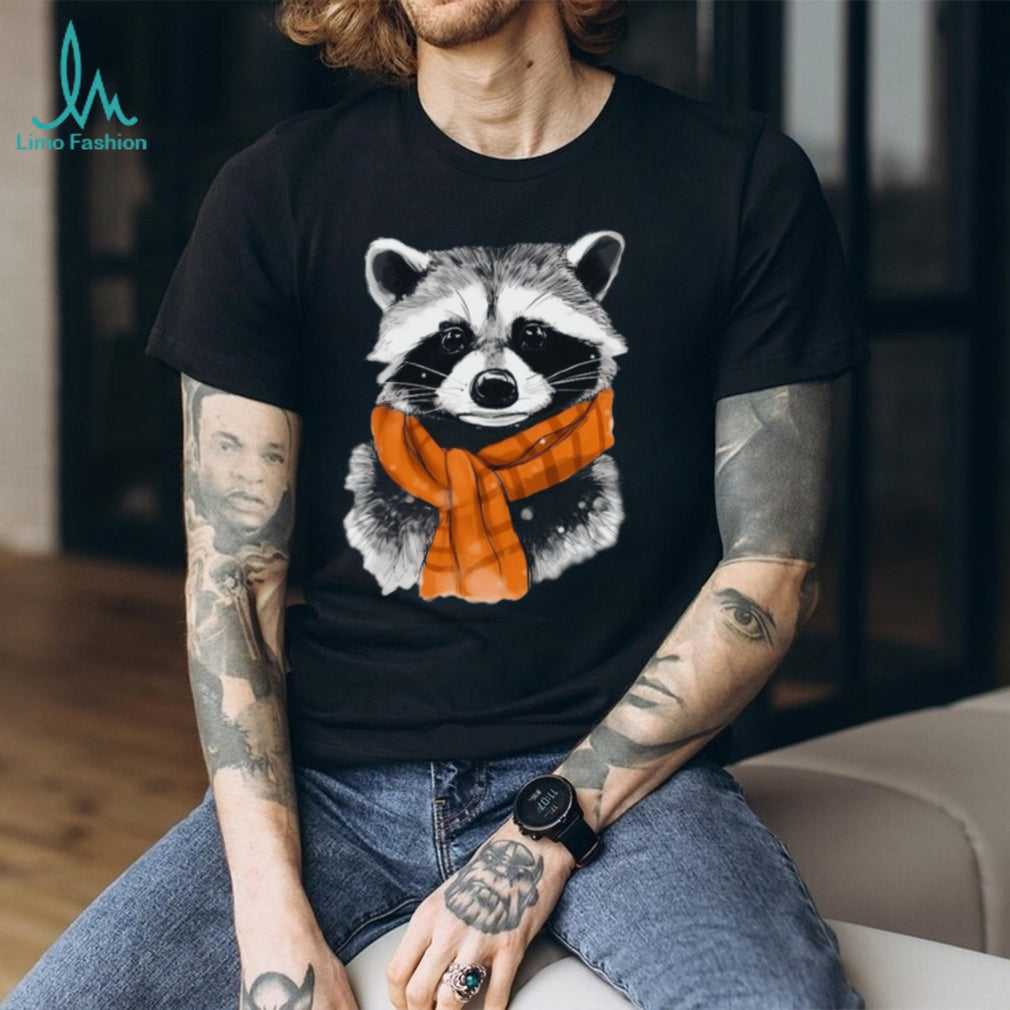 Cute Raccoon Wearing Orange Plaid Scarf Winter T Shirt