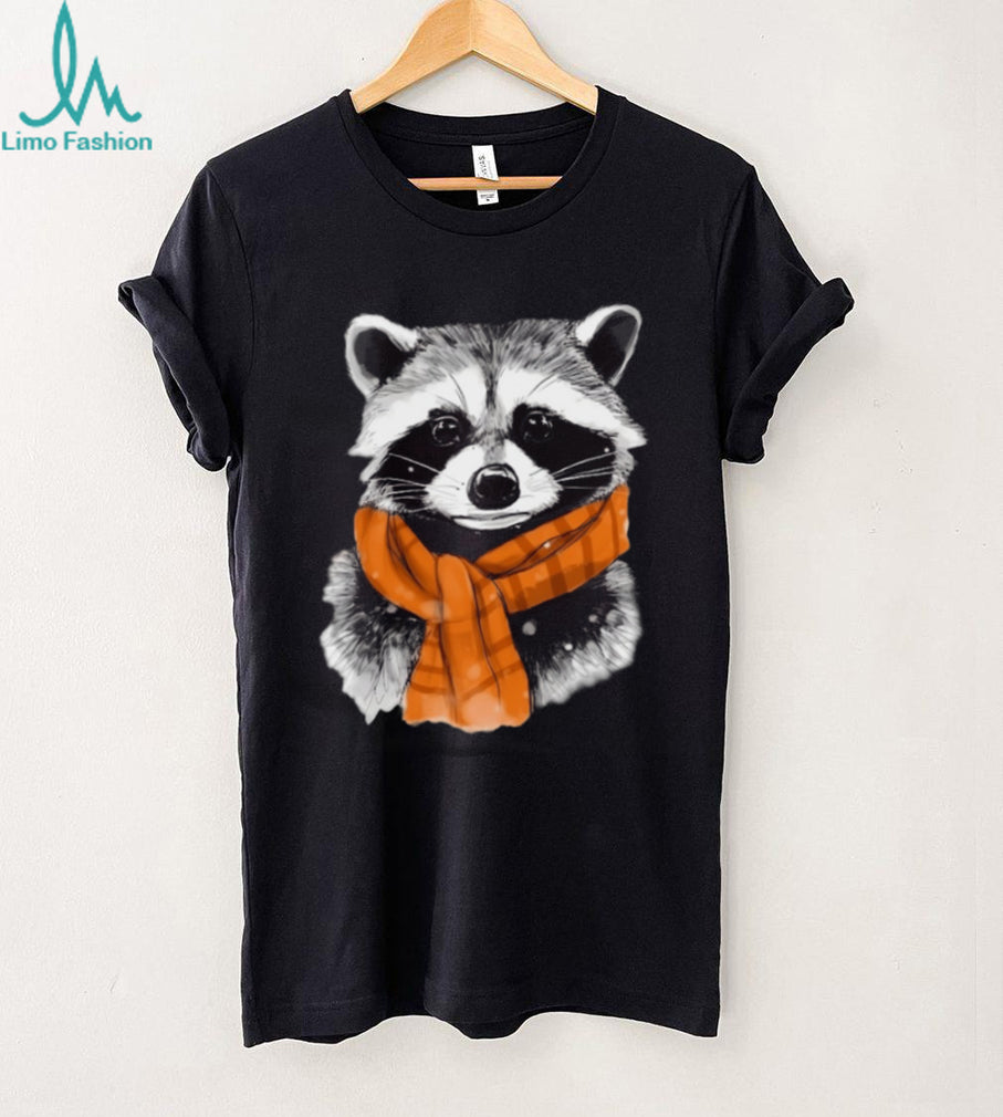 Cute Raccoon Wearing Orange Plaid Scarf Winter T Shirt