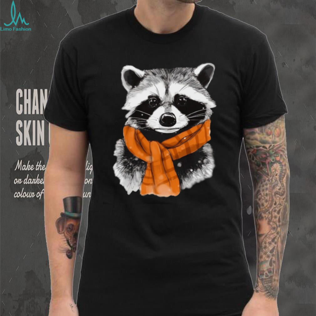 Cute Raccoon Wearing Orange Plaid Scarf Winter T Shirt