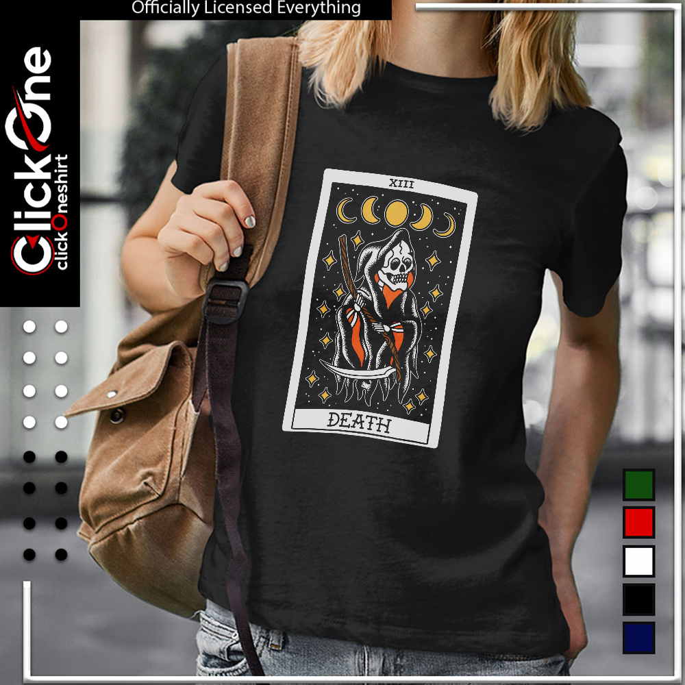 Death Tarot Card XIII Grim Reaper Scythe Moon Phases Stars Occult Gothic shirt