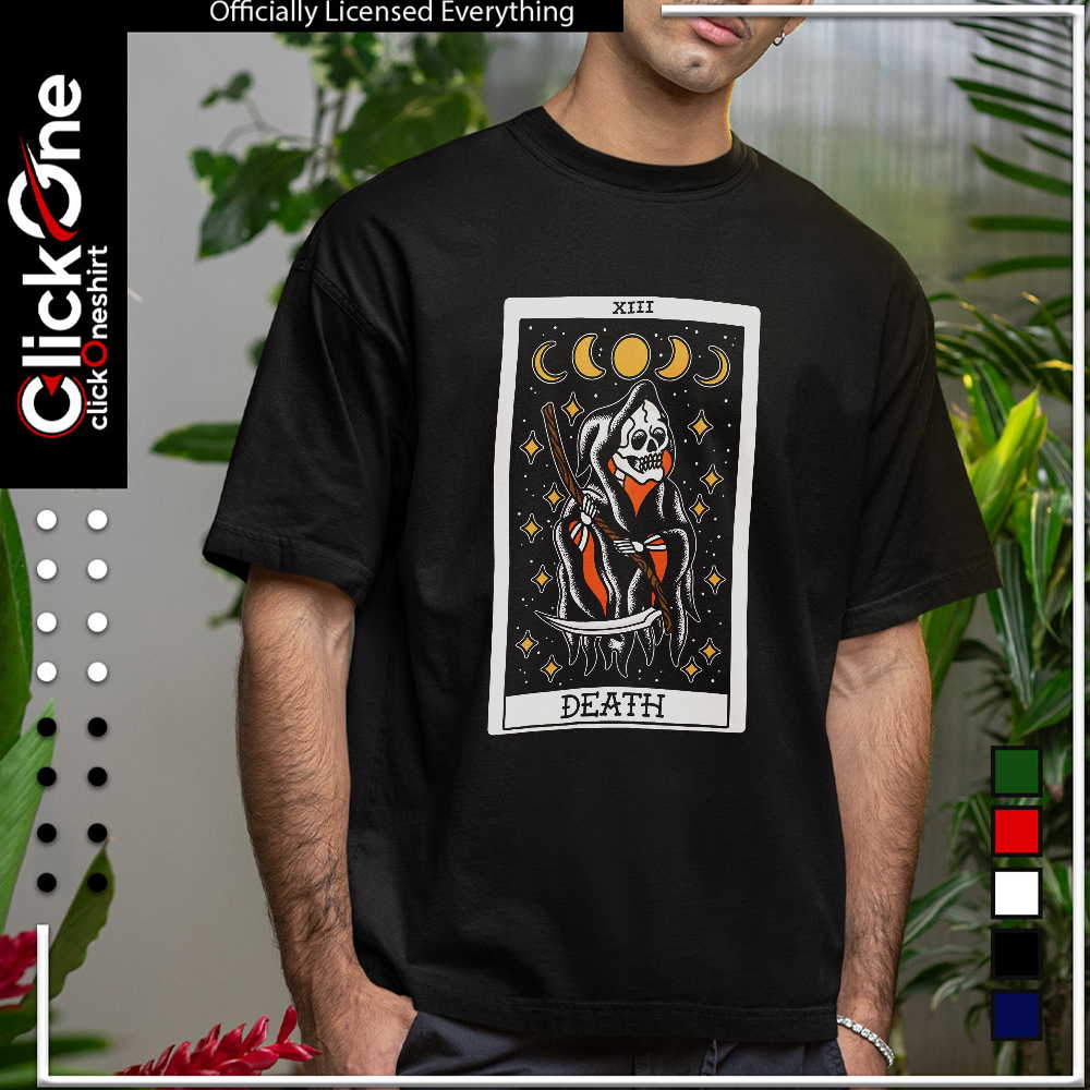 Death Tarot Card XIII Grim Reaper Scythe Moon Phases Stars Occult Gothic shirt