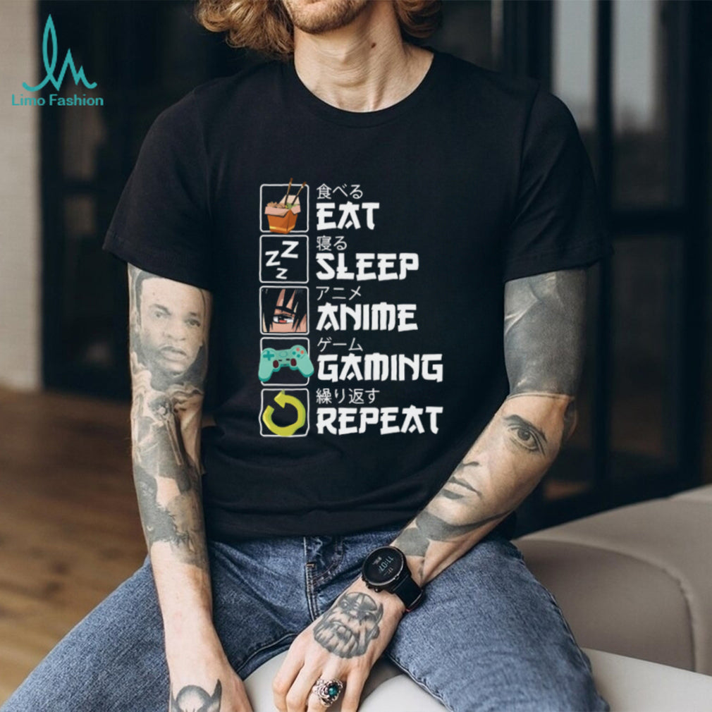 Eat Sleep Anime Gaming Repeat Japanese Text Otaku T Shirt