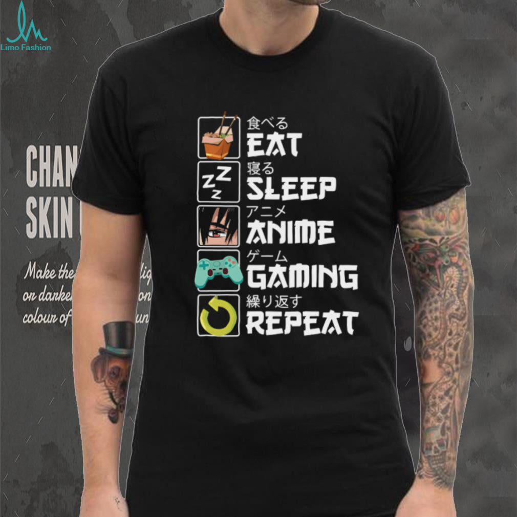 Eat Sleep Anime Gaming Repeat Japanese Text Otaku T Shirt
