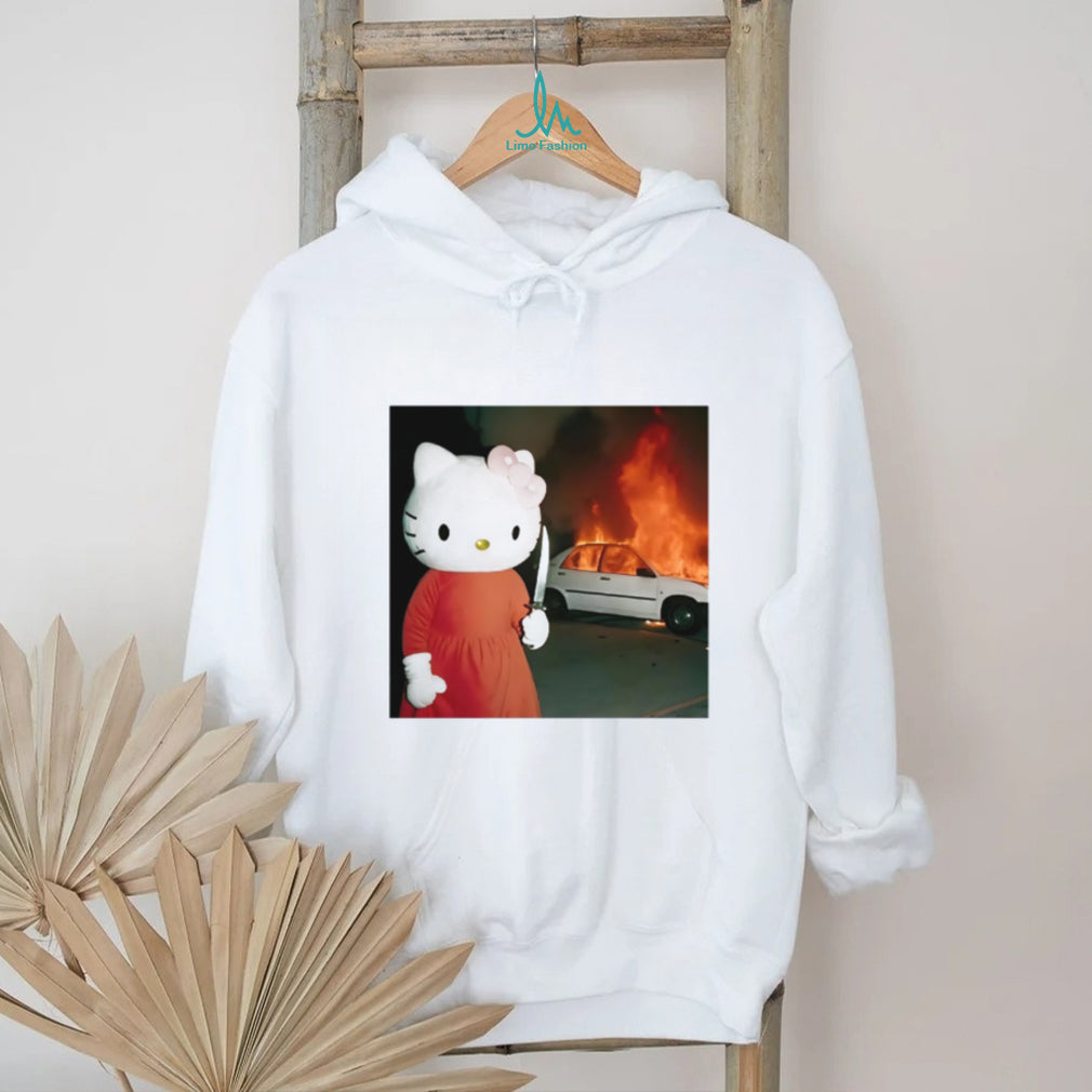 Edgy Cartoon Cat Holding Knife & Burning Car Aesthetic T Shirt