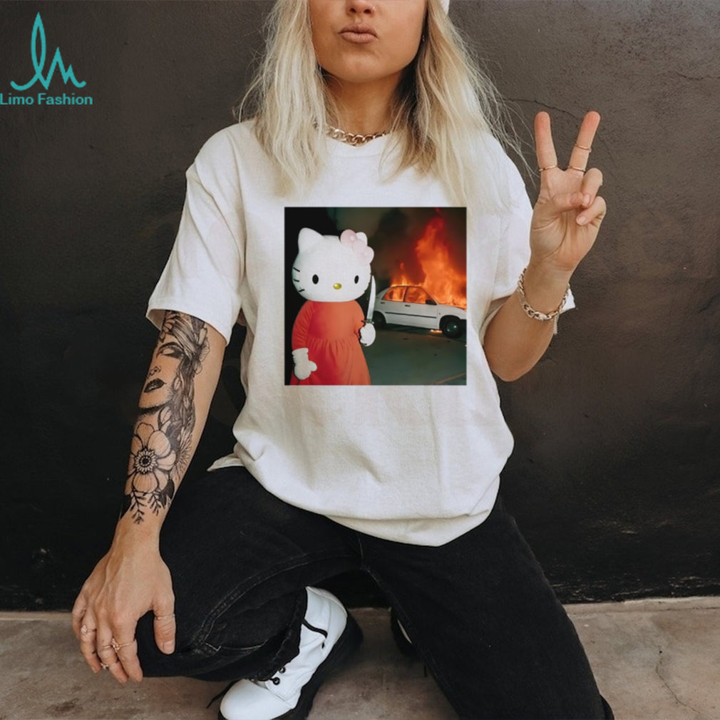 Edgy Cartoon Cat Holding Knife & Burning Car Aesthetic T Shirt