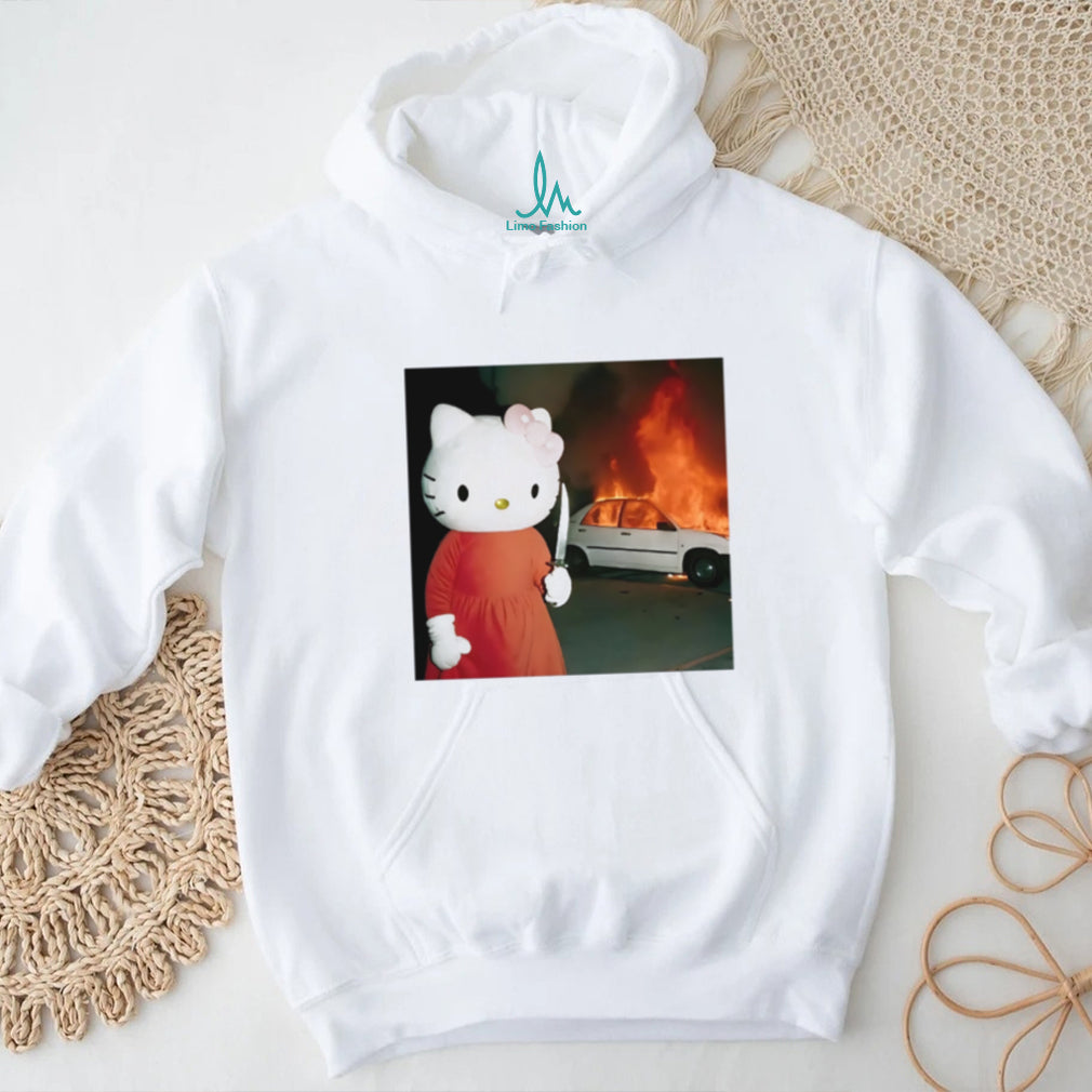 Edgy Cartoon Cat Holding Knife & Burning Car Aesthetic T Shirt