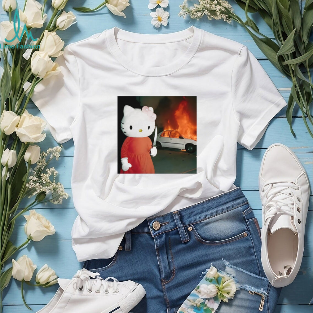 Edgy Cartoon Cat Holding Knife & Burning Car Aesthetic T Shirt