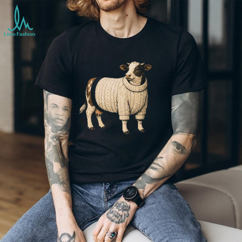 Funny Cow Wearing White Chunky Knit Sweater T Shirt