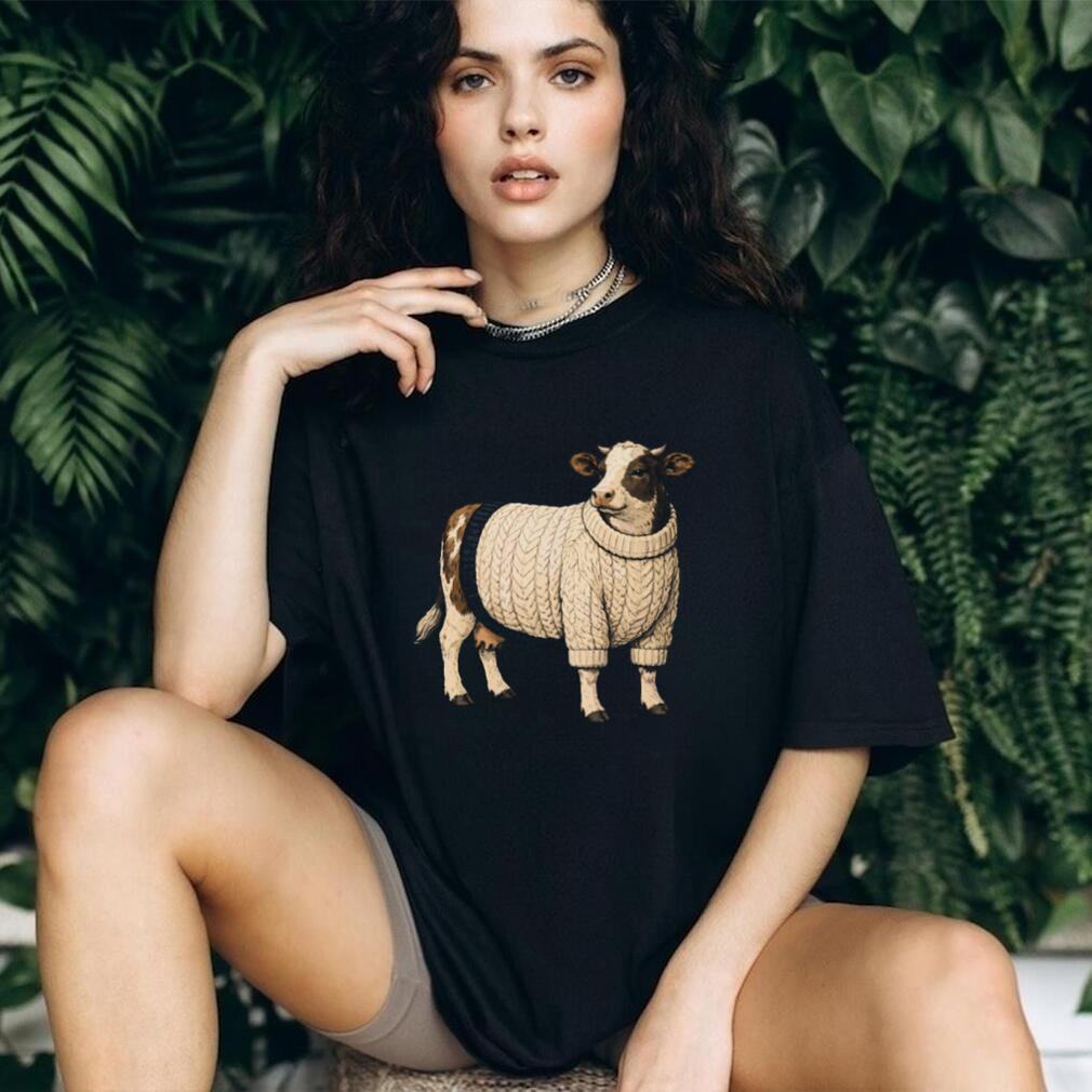Funny Cow Wearing White Chunky Knit Sweater T Shirt