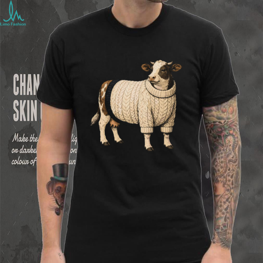 Funny Cow Wearing White Chunky Knit Sweater T Shirt