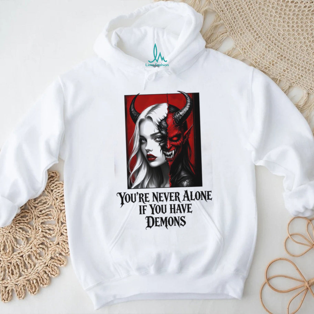 Gothic Split Face Demon Girl Never Alone Horror Shirt
