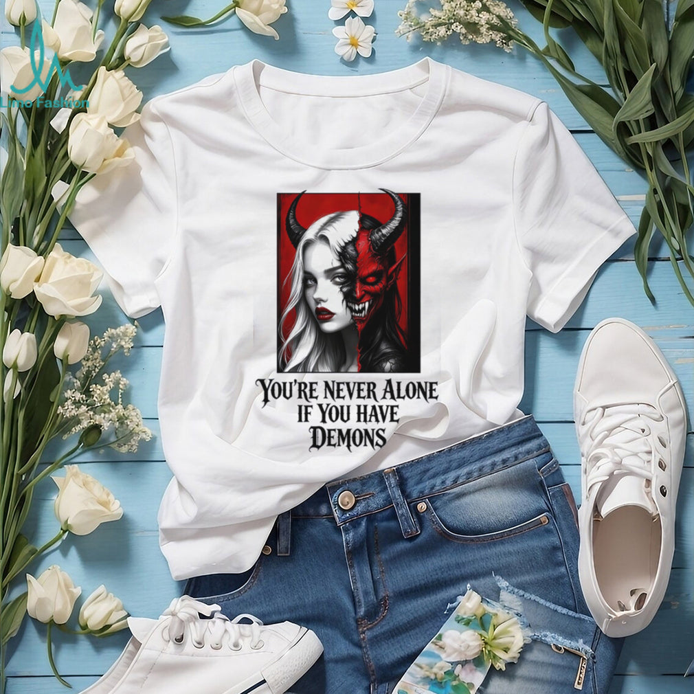 Gothic Split Face Demon Girl Never Alone Horror Shirt