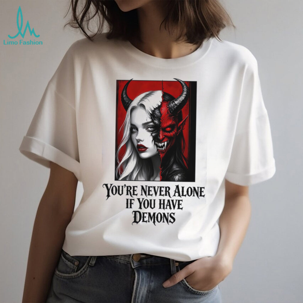 Gothic Split Face Demon Girl Never Alone Horror Shirt