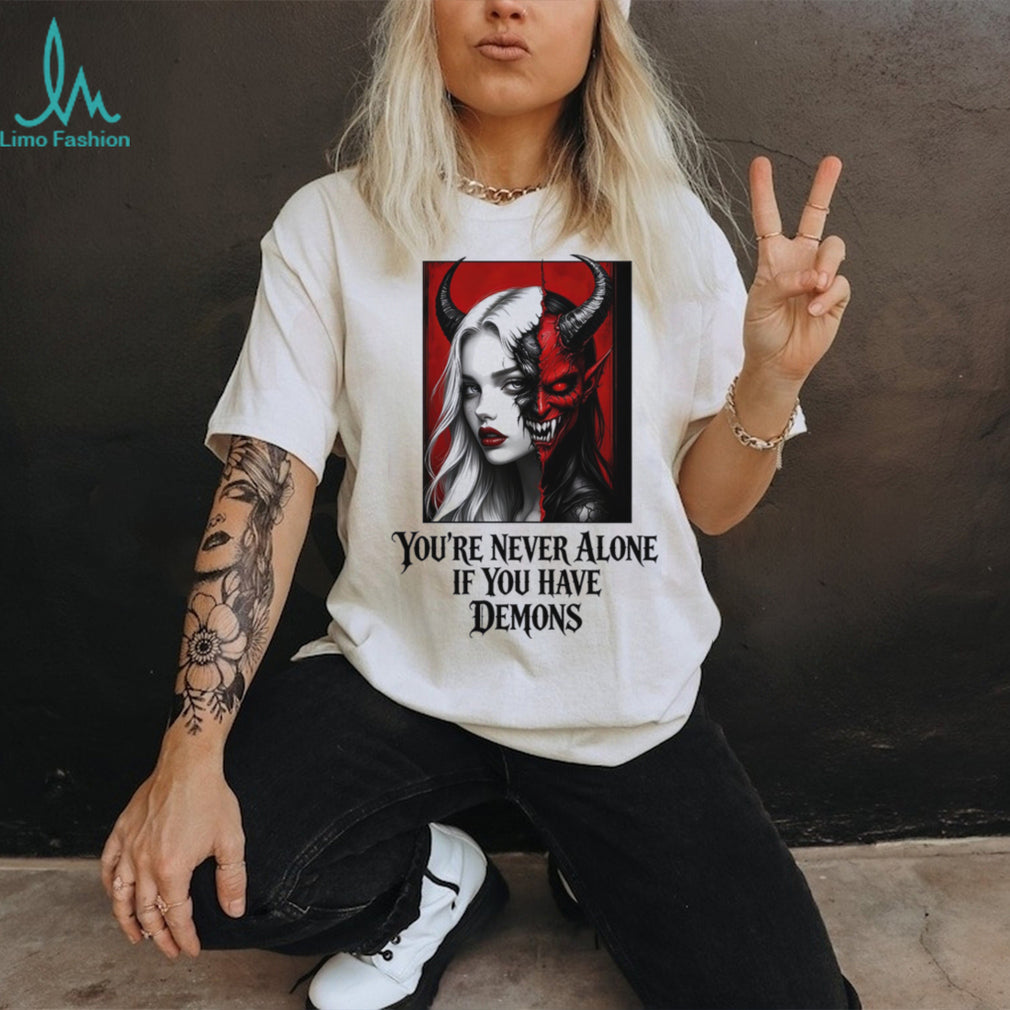 Gothic Split Face Demon Girl Never Alone Horror Shirt