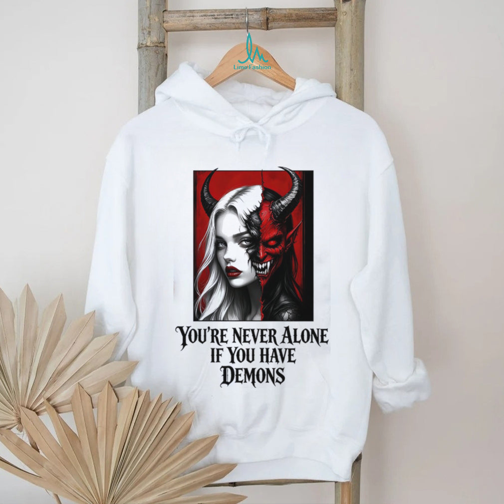 Gothic Split Face Demon Girl Never Alone Horror Shirt