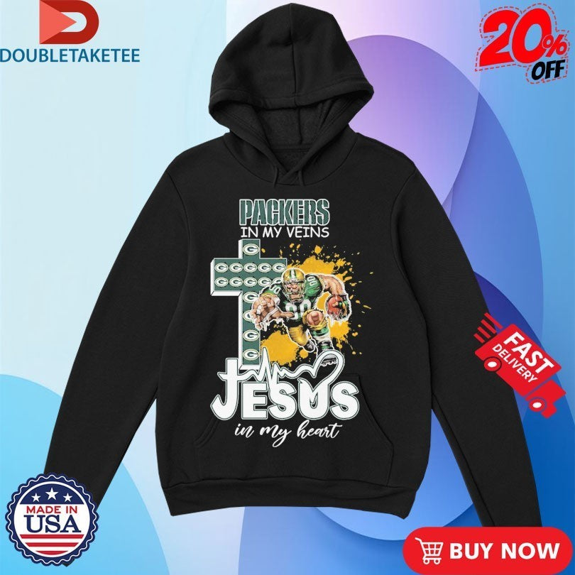 Green Bay Packers In My Veins Jesus In My Heart Mascot Cross Shirts
