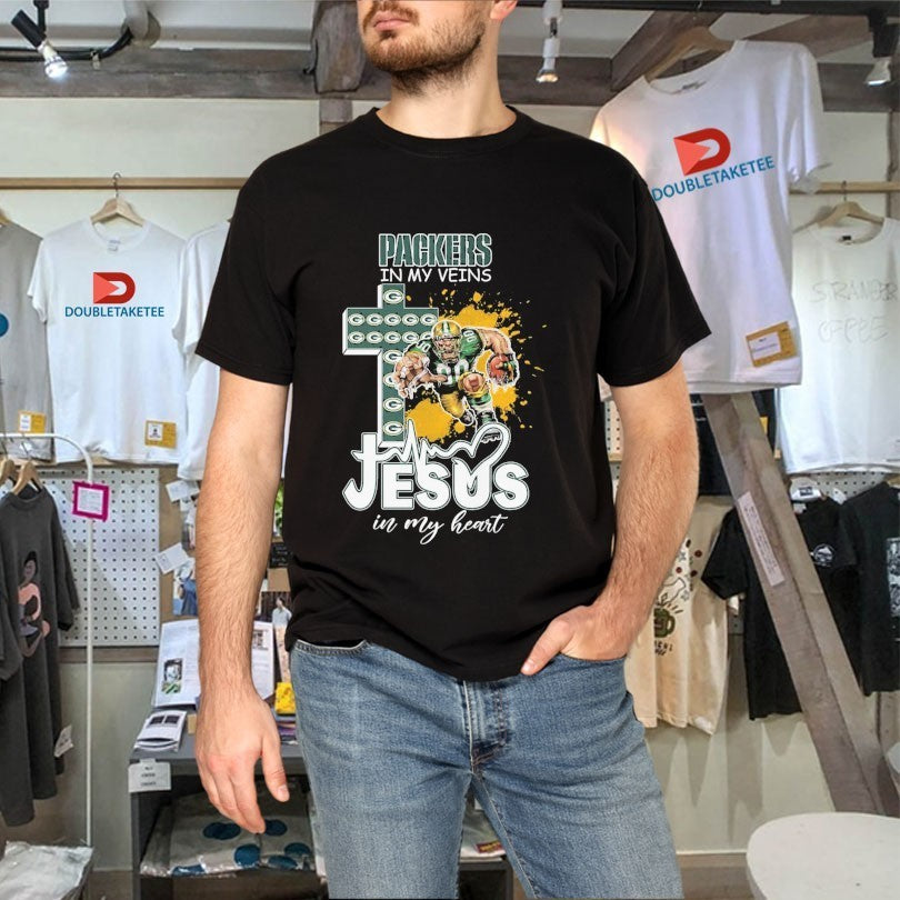 Green Bay Packers In My Veins Jesus In My Heart Mascot Cross Shirts