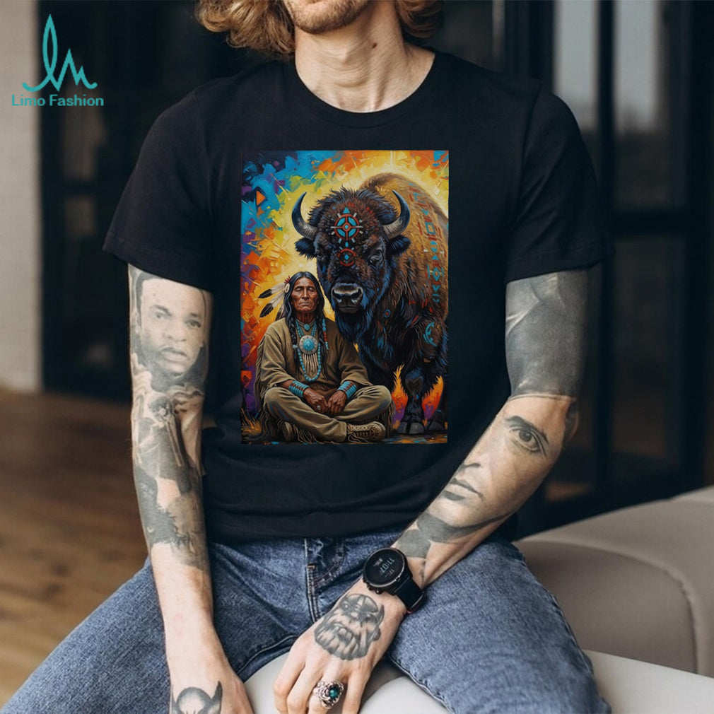 Indigenous Spirit Wisdom Sitting Warrior & Buffalo T shirt