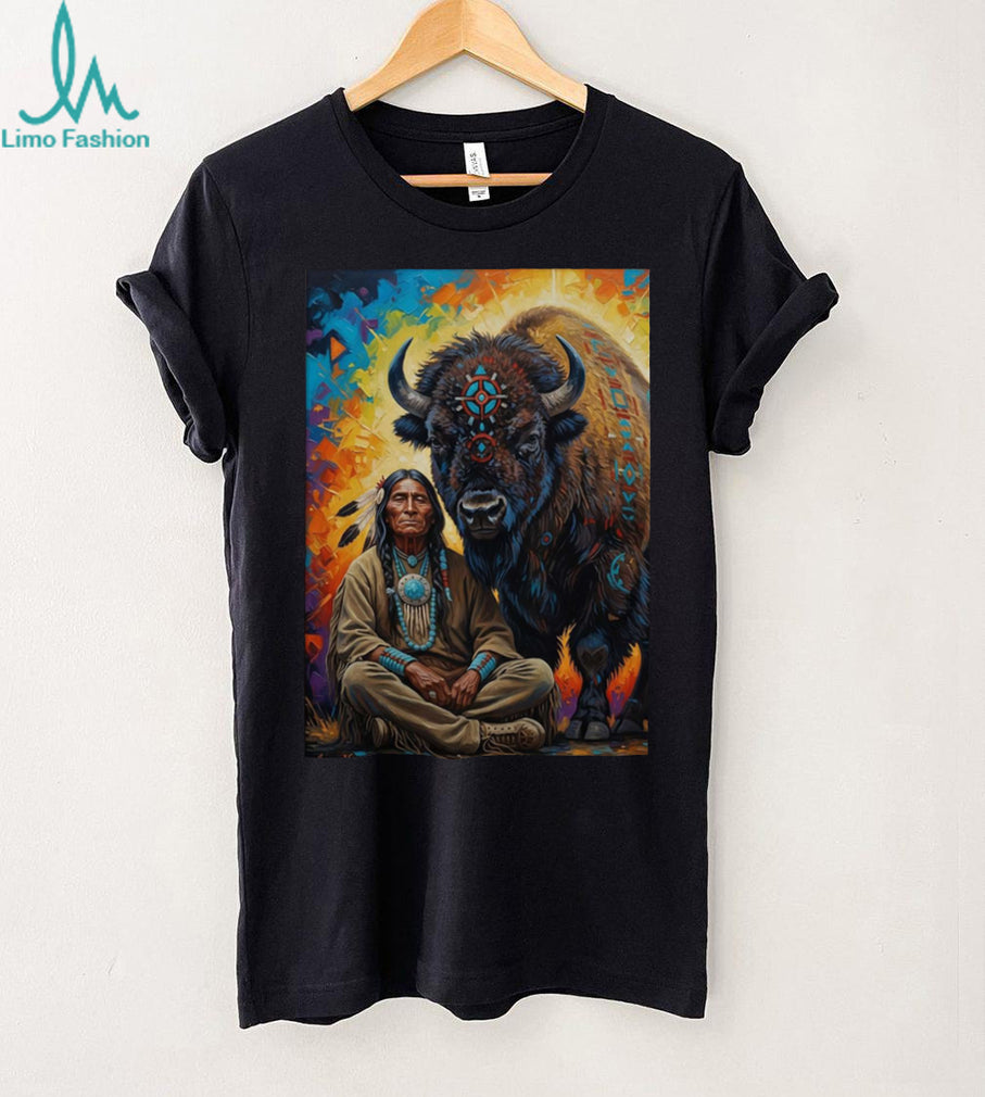 Indigenous Spirit Wisdom Sitting Warrior & Buffalo T shirt