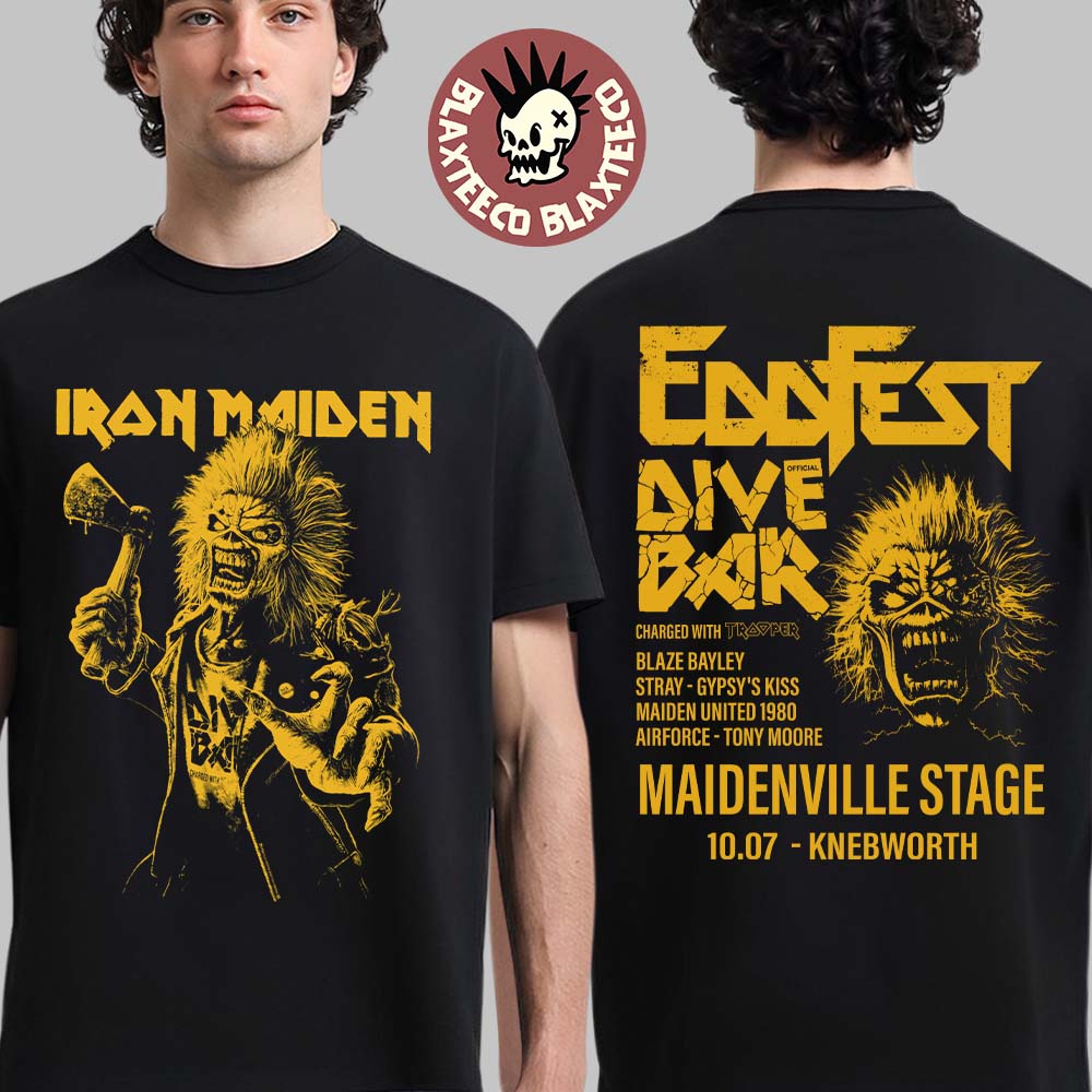 Iron Maiden EddFest 2026 Knebworth Merch Eddie Dive Bar Tee On July 10 2026 Charged With Trooper T-Shirt