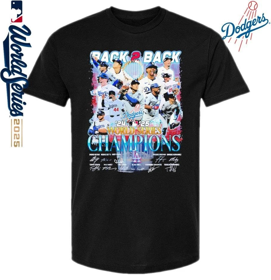 Los Angeles Dodgers Back 2 Back 2024-25 World Series Champions Signatures T-Shirt