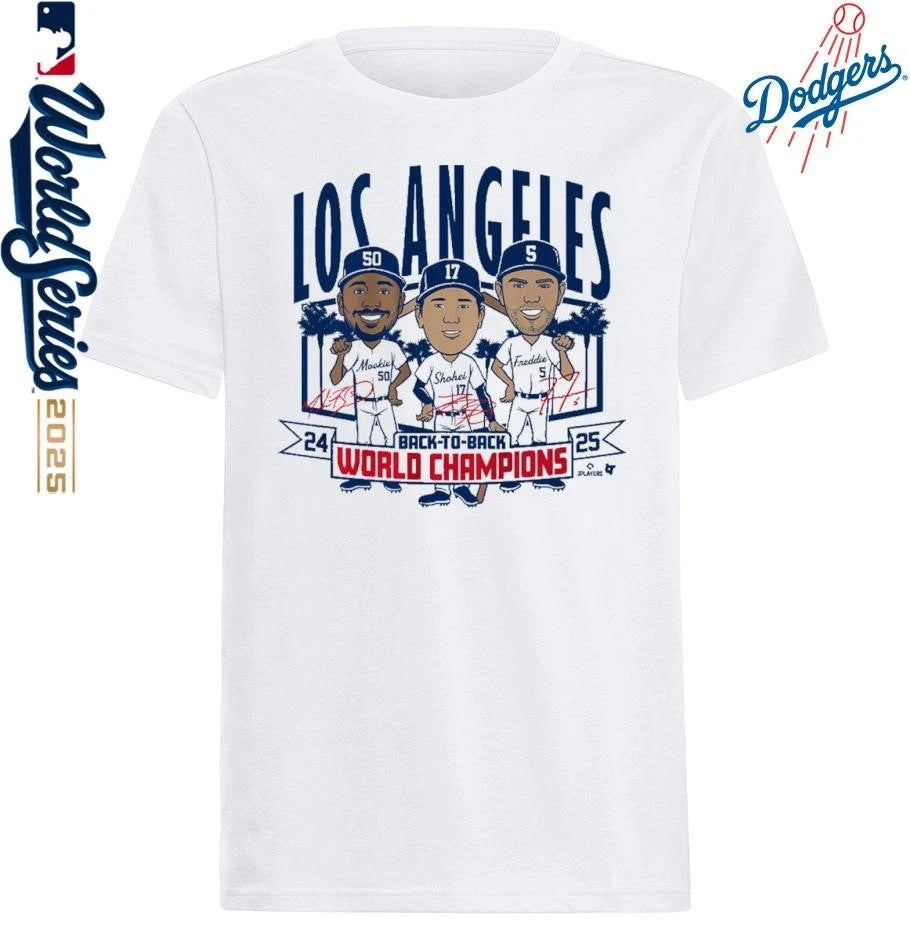 Los Angeles Dodgers Back-to-Back World Champs Caricatures T-Shirt