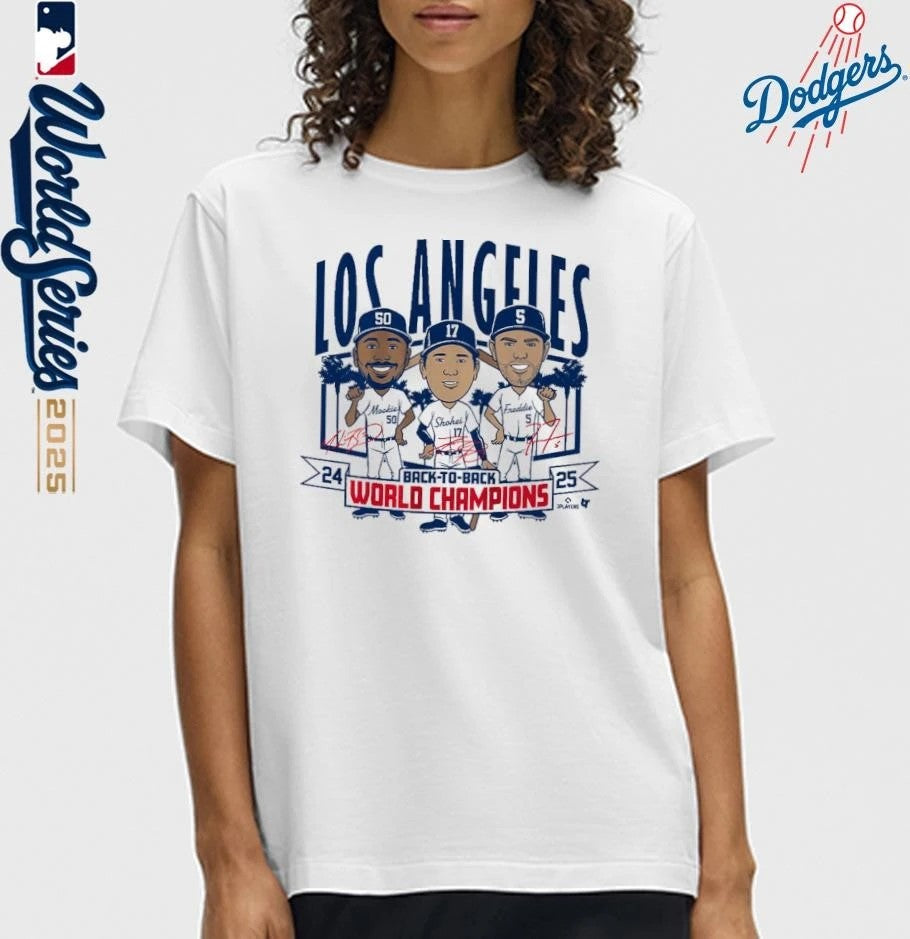 Los Angeles Dodgers Back-to-Back World Champs Caricatures T-Shirt